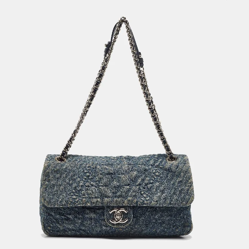 Shoulder bags with vegan suede for softness -Chanel Blue Quilted Denim Cc Camelia Embroidered Flap Bag