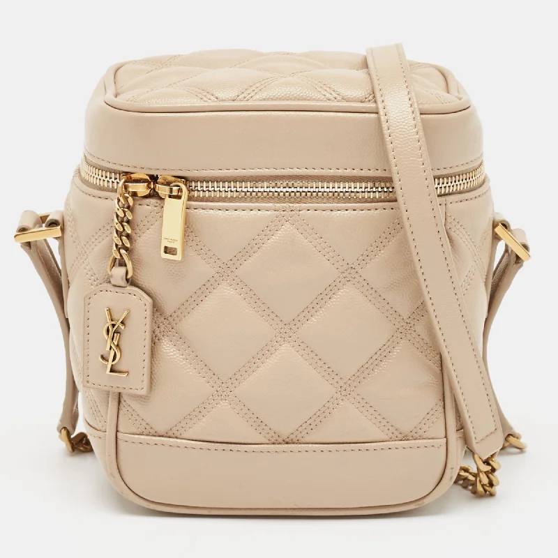 Shoulder bags with structured shapes for class -Saint Laurent Beige Quilted Leather Vanity Shoulder Bag