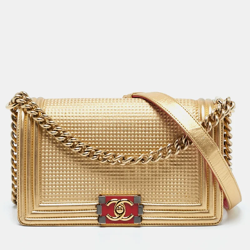 Shoulder bags with bright neons for visibility -Chanel Gold/red Cube Embossed Leather Medium Boy Flap Bag