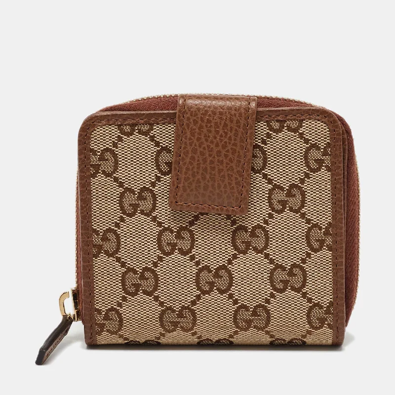 Shoulder bags with artistic prints for creativity -Gucci Beige/brown Gg Canvas And Leather Emblem Zip Mini Wallet