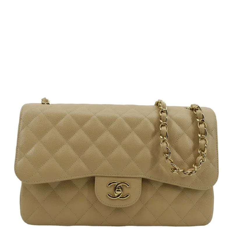 CHANEL Classic Jumbo Double Flap Quilted Caviar Leather Shoulder Bag Beige