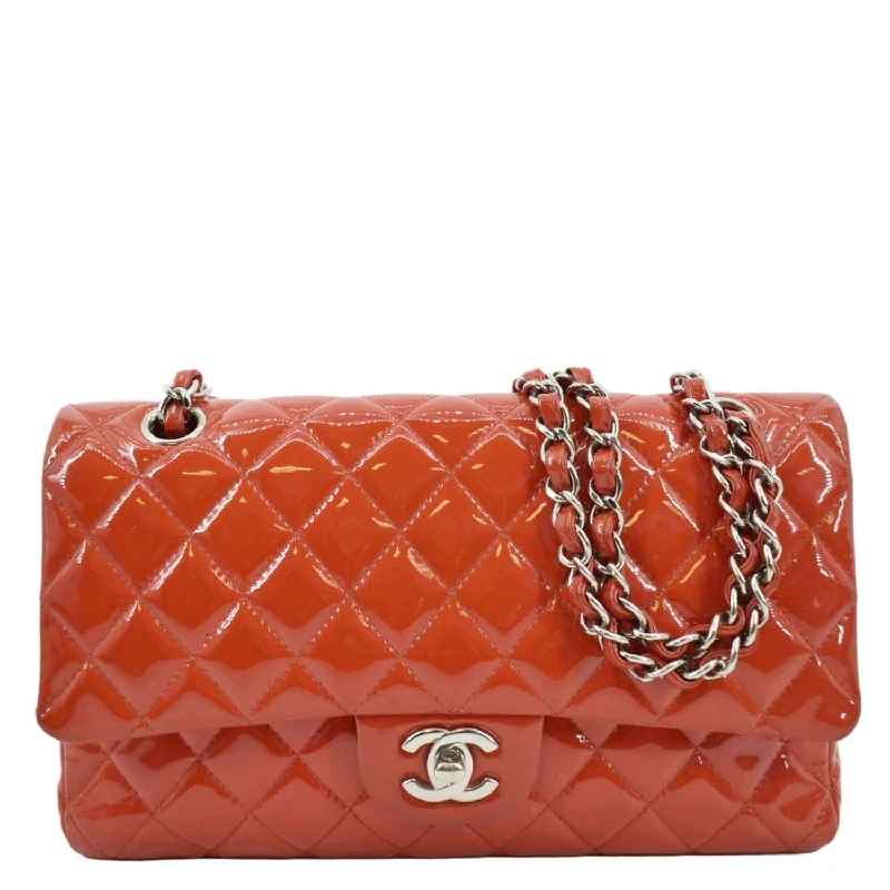 CHANEL Classic Double Flap Quilted Patent Leather Shoulder Bag Red