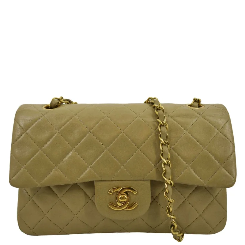 CHANEL Classic Double Flap Leather Shoulder Bag Taupe