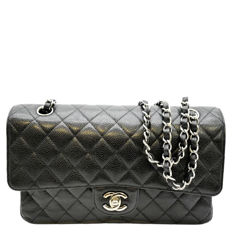 CHANEL Classic Medium Double Flap Quilted Caviar Leather Shoulder Bag Black