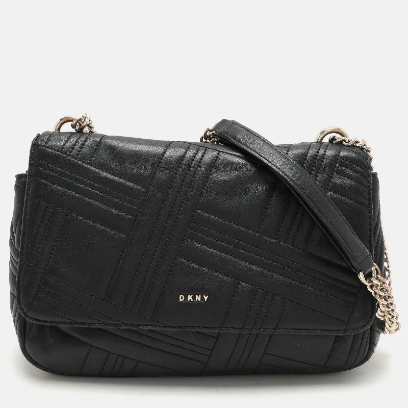 Shoulder bags with wide openings for access -Dkny Black Leather Allen Flap Shoulder Bag