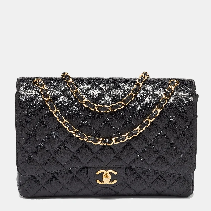 Shoulder bags with padded interiors for laptops -Chanel Black Caviar Quilted Leather Jumbo Classic Double Flap Bag