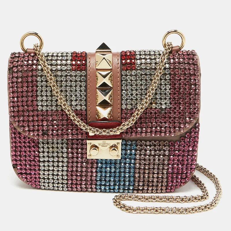 Shoulder bags with side pockets for organization -Valentino Multicolor Leather Crystal Embellished Small Glam Lock Shoulder Bag