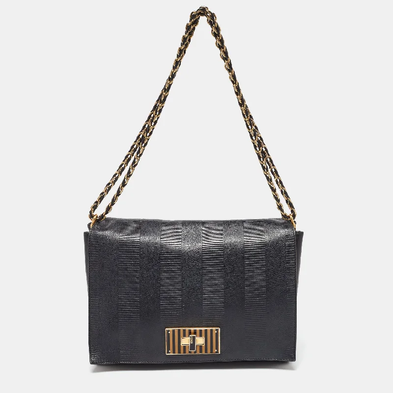 Shoulder bags with rustic leather for charm -Fendi Black Stripe Embossed Leather Large Claudia Shoulder Bag