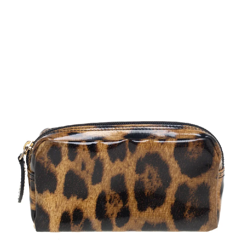 Shoulder bags with abstract art for uniqueness -Roberto Cavalli Beige/brown Leopard Print Patent Leather Cosmetic Pouch