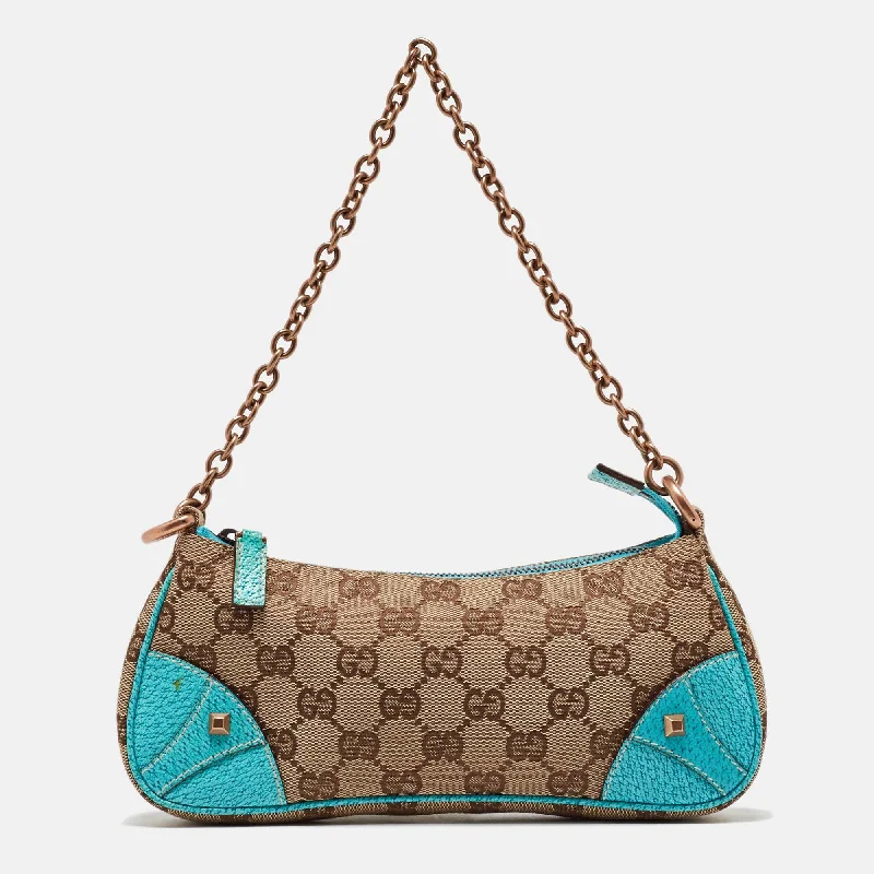 Shoulder bags with spacious interiors for storage -Gucci Beige/blue Gg Canvas And Leather Baguette Bag