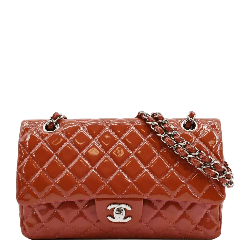 CHANEL Classic Medium Double Flap Patent Leather Shoulder Bag Red