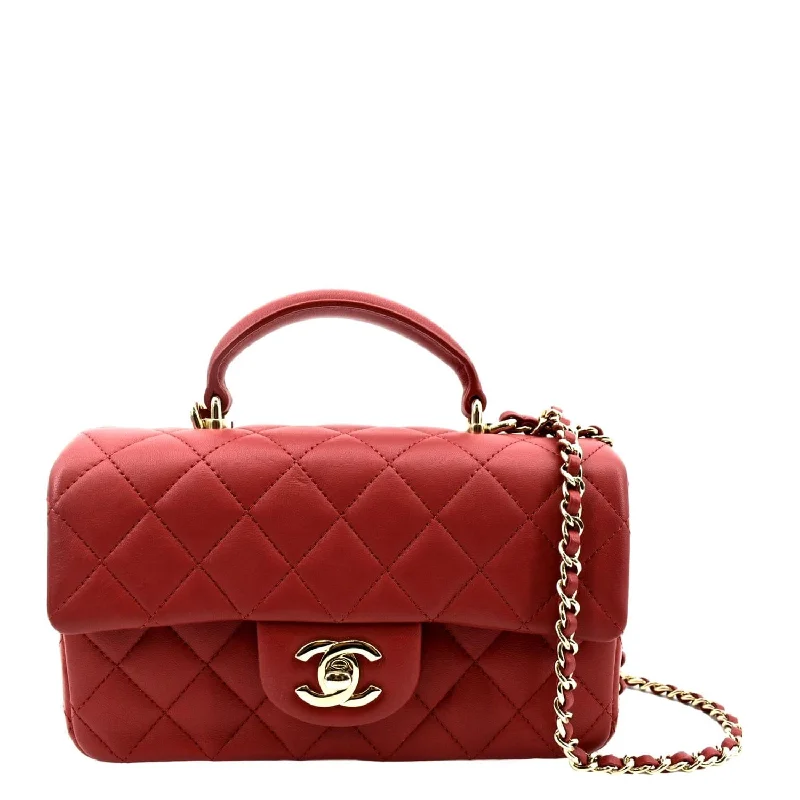 CHANEL Mini Top Handle Rectangular Flap Quilted Leather Crossbody Bag Red