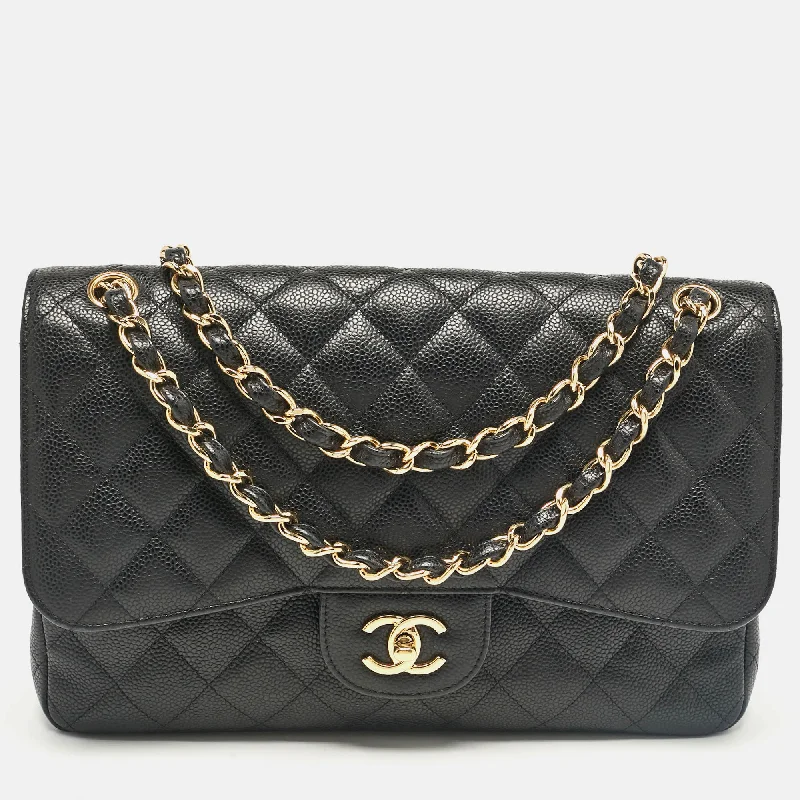 Shoulder bags with woven fabric for texture -Chanel Black Caviar Leather Jumbo Classic Double Flap Bag