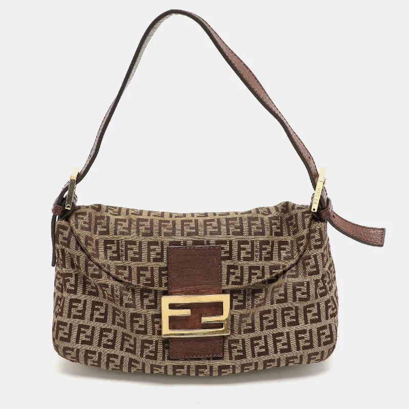 Shoulder bags with bold stripes for trendiness -Fendi Beige/brown Ff Zucca Canvas Forever Baguette Shoulder Bag