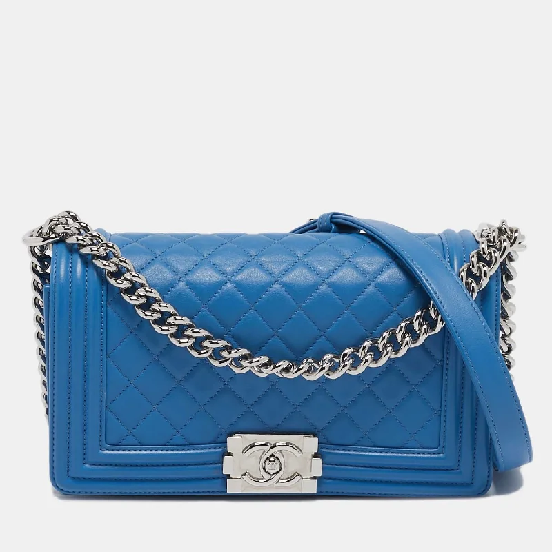 Shoulder bags with padded interiors for laptops -Chanel Light Blue Quilted Leather Medium Boy Flap Bag