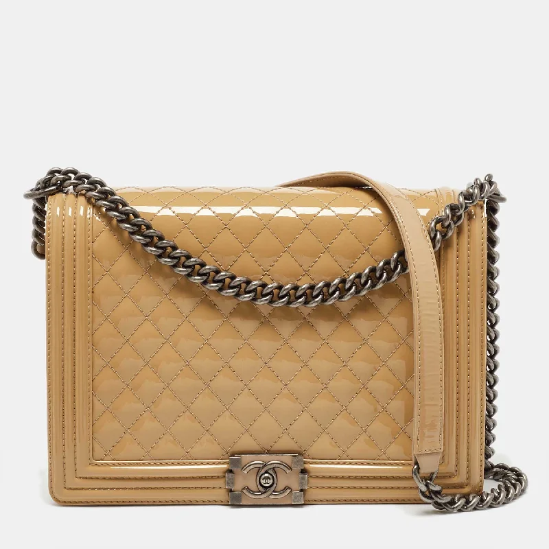 Shoulder bags with quilted leather for luxury -Chanel Beige Quilted Patent Leather Large Boy Flap Bag