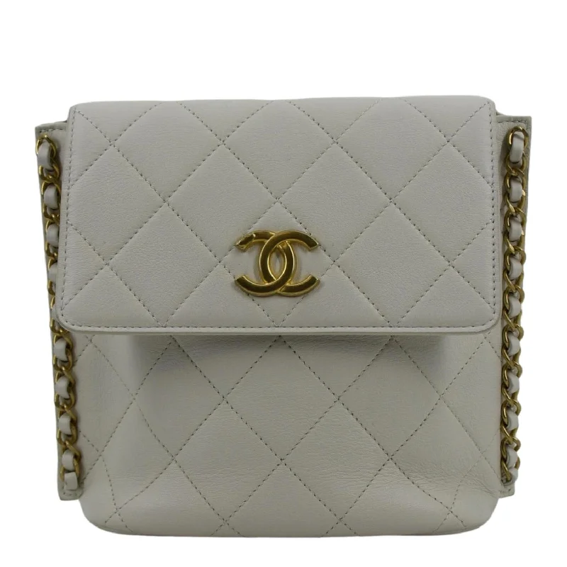 CHANEL Chain Flap Quilted Leather Hobo Shoulder Bag Ivory