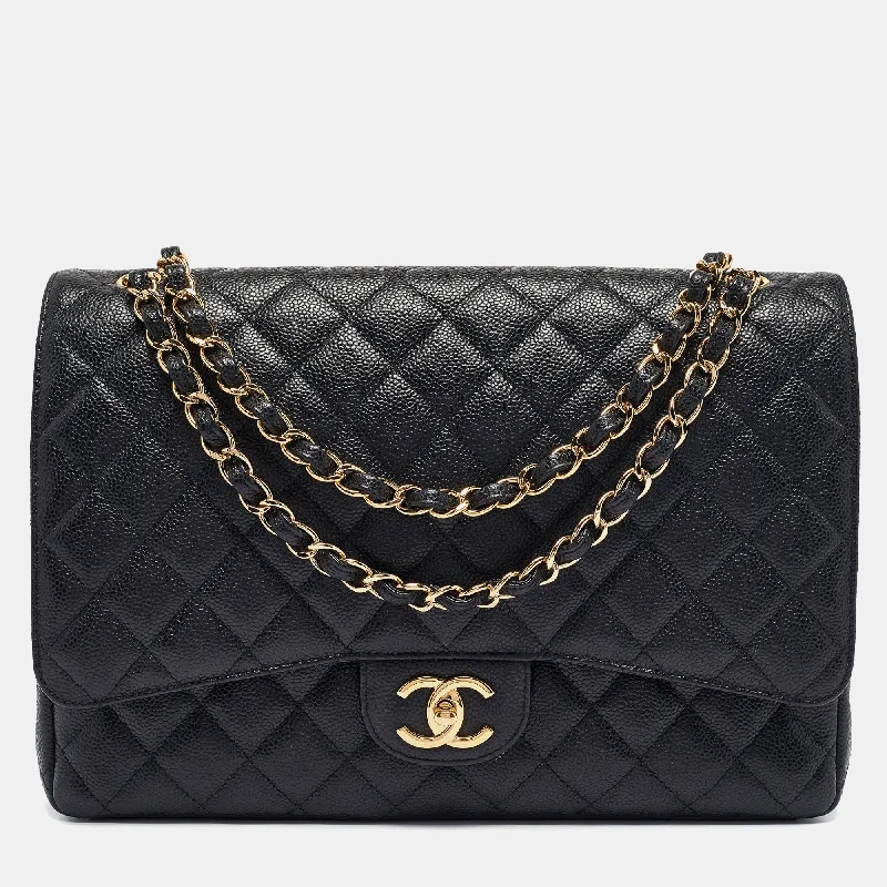 Shoulder bags with contrast stitching for detail -Chanel Black Quilted Caviar Leather Maxi Classic Double Flap Bag