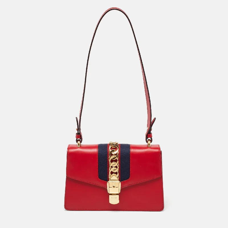 Shoulder bags with neutral leather for elegance -Gucci Red Leather Small Web Sylvie Shoulder Bag