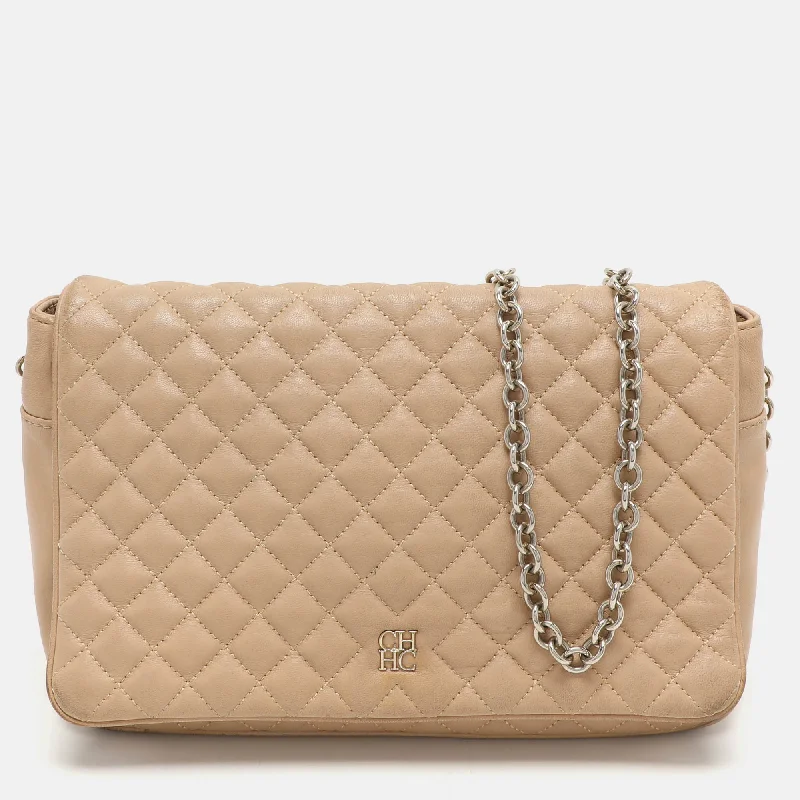 Shoulder bags with subtle embroidery for detail -Ch Carolina Herrera Beige Quilted Leather Flap Shoulder Bag