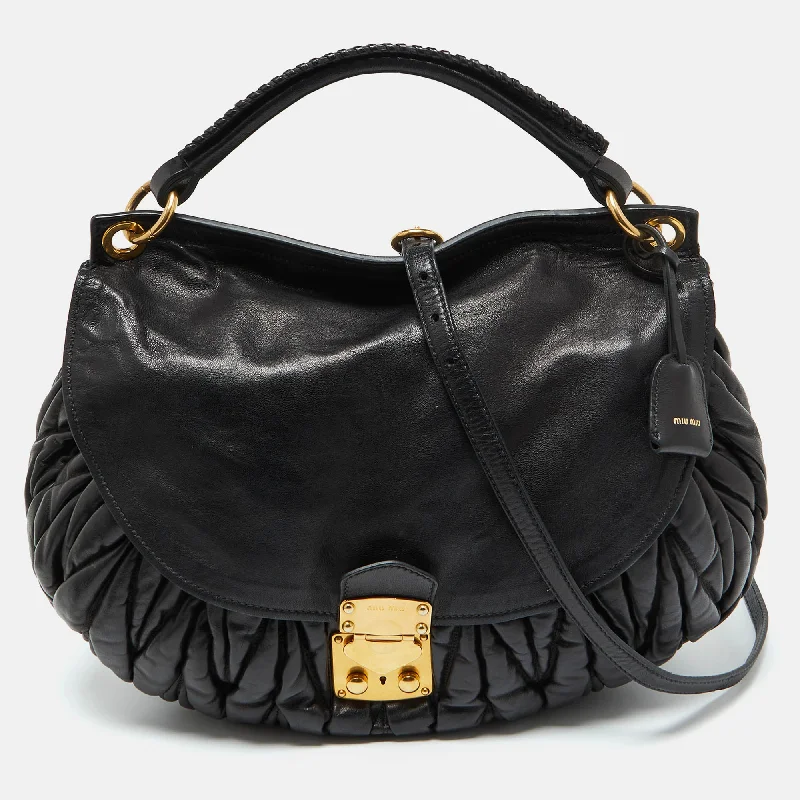 Shoulder bags with sleek black for elegance -Miu Miu Black Matelassé Leather Front Flap Hobo