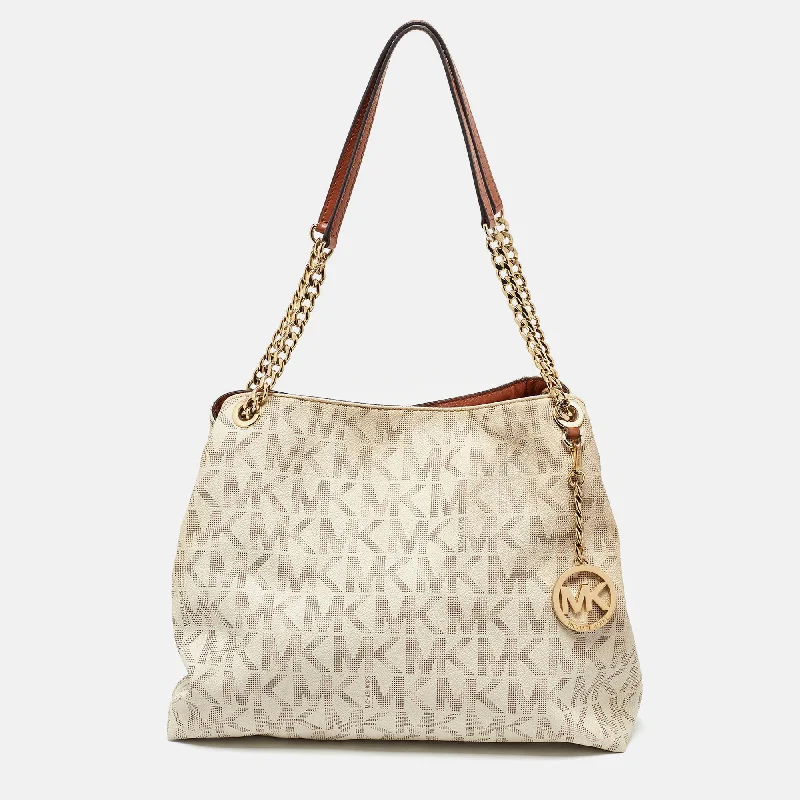 Reversible shoulder bags offering two chic looks -Michael Kors White Signature Coated Canvas Jet Set Shoulder Bag