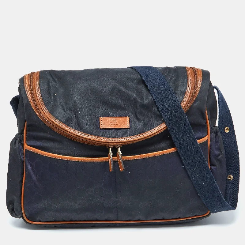 Durable shoulder bags for heavy daily use -Gucci Navy Blue Gg Monogram Nylon And Leather Diaper Bag