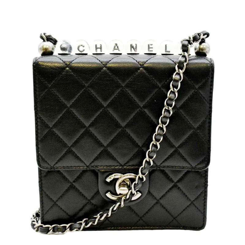 CHANEL Chic Pearls Flap Quilted Calfskin Leather Shoulder Bag Black