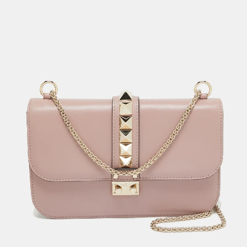 Shoulder bags with geometric patterns for modernity -Valentino Dusty Pink Leather Medium Glam Lock Chain Shoulder Bag