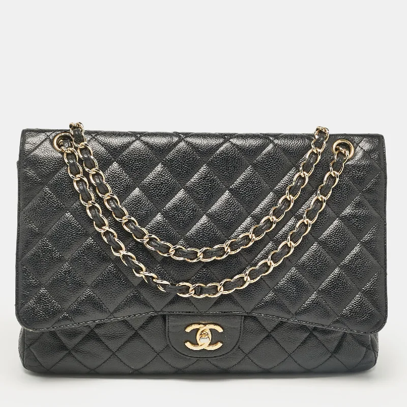 Shoulder bags with spacious interiors for storage -Chanel Black Caviar Quilted Leather Maxi Single Flap Bag