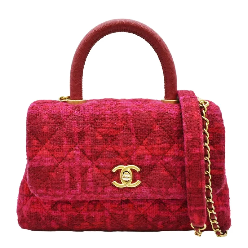 CHANEL Coco Top Handle Tweed Shoulder Bag Pink