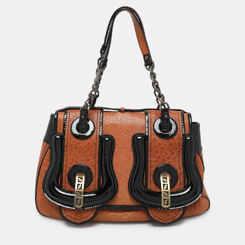 Shoulder bags with chevron designs for trend -Fendi Black/brown Patent And Leather B Shoulder Bag