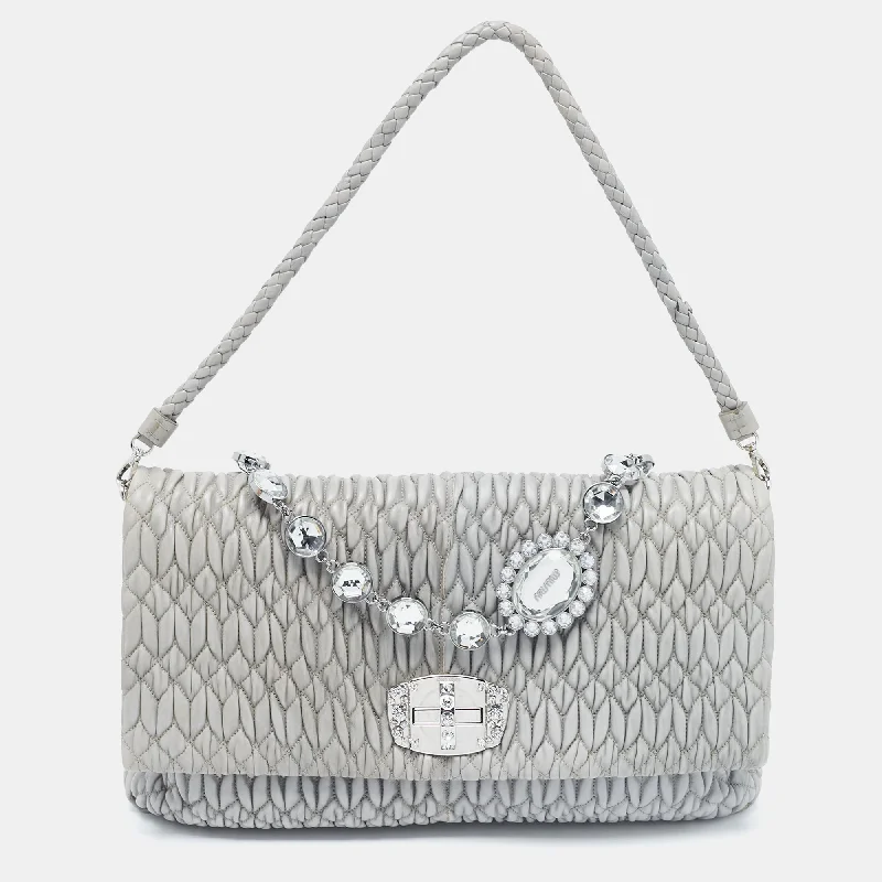 Shoulder bags with padded straps for ease -Miu Miu Grey Matelassé Leather Crystal Cloqué Flap Shoulder Bag