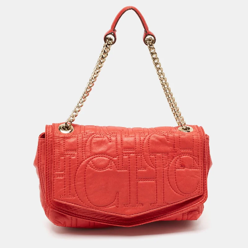 Shoulder bags with vintage vibes for nostalgia -Ch Carolina Herrera Red Monogram Leather Double Flap Shoulder Bag