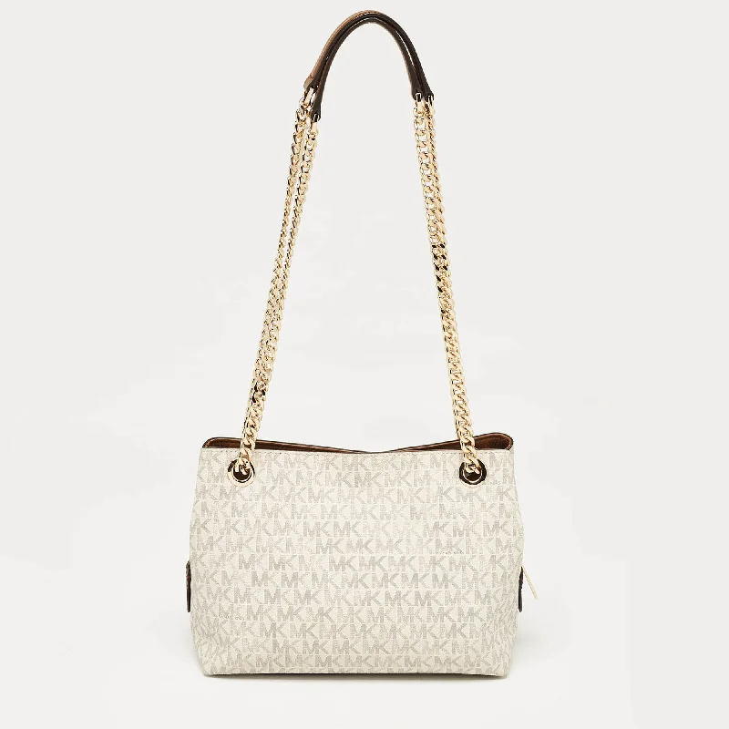 Small shoulder bags perfect for quick errands -Michael Kors Grey Signature Coated Canvas Logo Chain Shoulder Bag