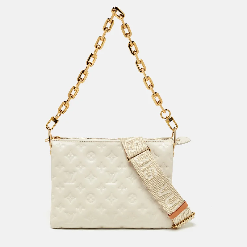 Shoulder bags with floral embroidery for detail -Louis Vuitton Cream Monogram Embossed Leather Coussin Pm Bag