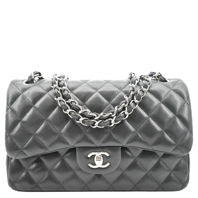 CHANEL Classic Medium Double Flap Quilted Lambskin Leather Shoulder Bag Black