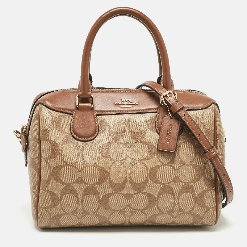 Shoulder bags with holiday themes for festivities -Coach Beige/brown Signature Coated Canvas And Leather Mini Bennett Satchel