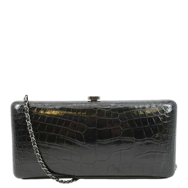 CHANEL Chain Alligator Leather Clutch Bag Black