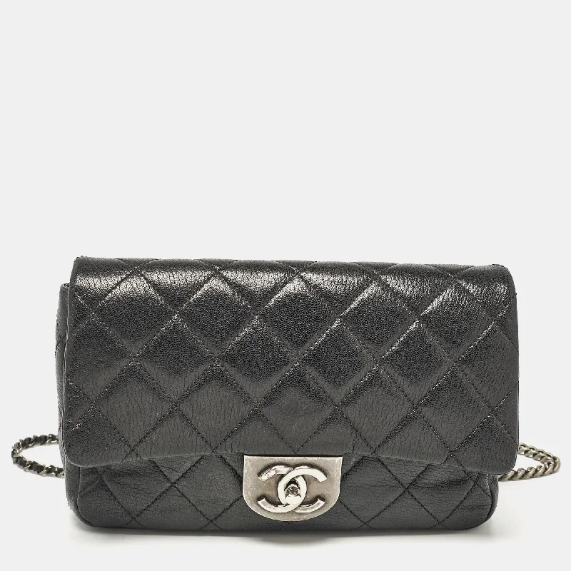 Shoulder bags with bohemian tassel embellishments -Chanel Black Quilted Goatskin Leather Medium Double Carry Waist Flap Bag