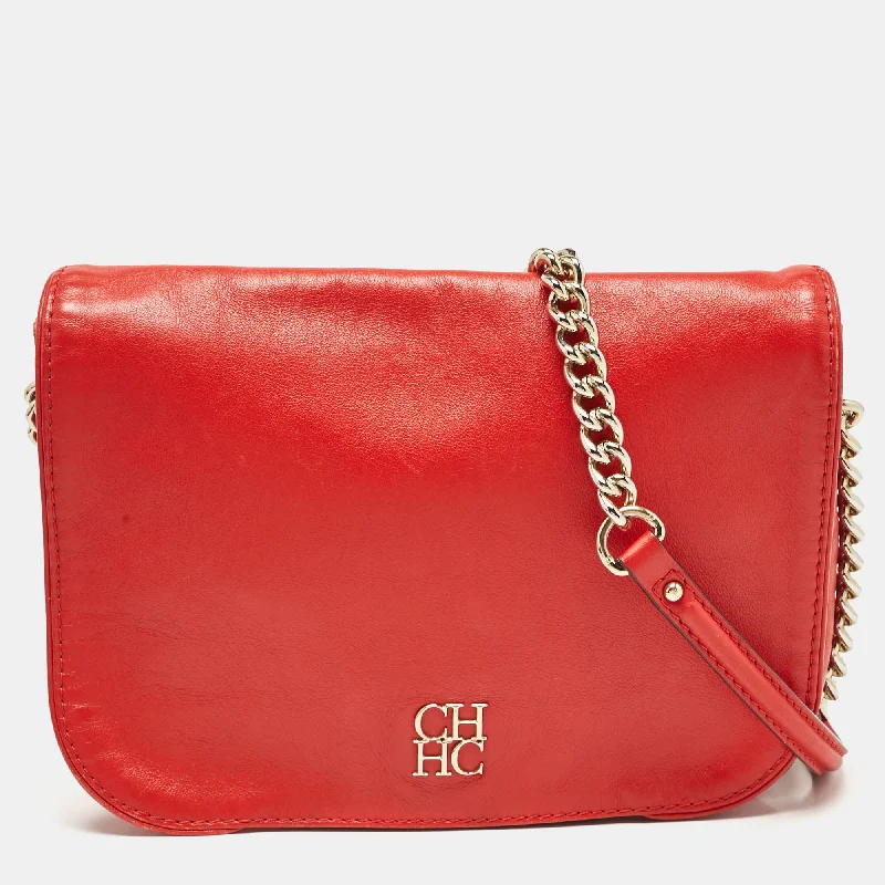 Leather shoulder bags for stylish everyday carry -Carolina Herrera Red Leather Flap Chain Shoulder Bag