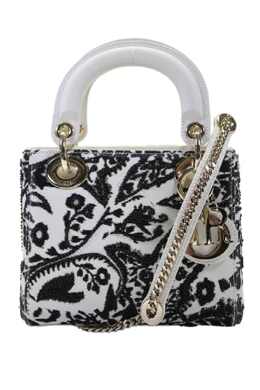 Shoulder bags with abstract art for uniqueness -Christian Dior Womens Top Handle Embroidered Mini Lady Dior Handbag White Black