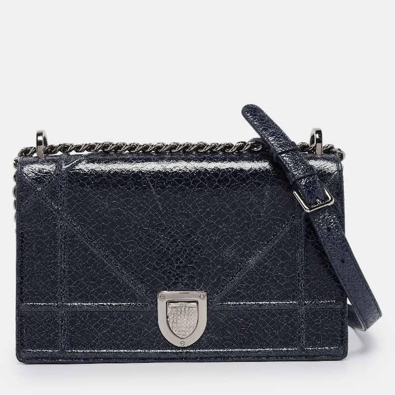 Shoulder bags with bold logos for branding -Dior Navy Blue Crinkled Patent Leather Medium Diorama Shoulder Bag