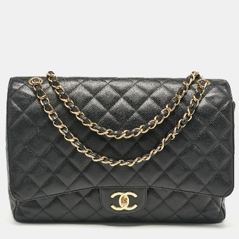 Shoulder bags with hidden pockets for security -Chanel Black Quilted Caviar Leather Maxi Classic Double Flap Bag