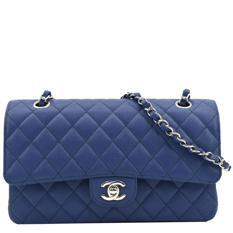 CHANEL Classic Medium Flap Quilted Caviar Leather Shoulder Bag Blue