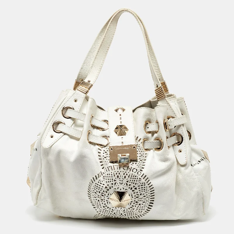 Shoulder bags with rustic leather for charm -Jimmy Choo White Leather Studded Ramona Shoulder Bag