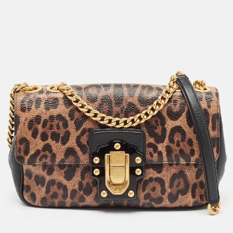 Shoulder bags with metallic finishes for shine -Dolce & Gabbana Black/brown Leopard Print Coated Canvas And Leather Lucia Shoulder Bag