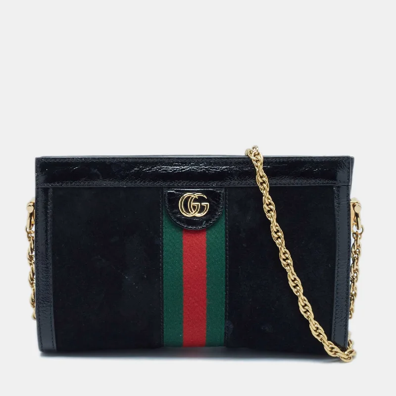 Shoulder bags with retro logos for charm -Gucci Black Patent Leather And Suede Small Ophidia Shoulder Bag