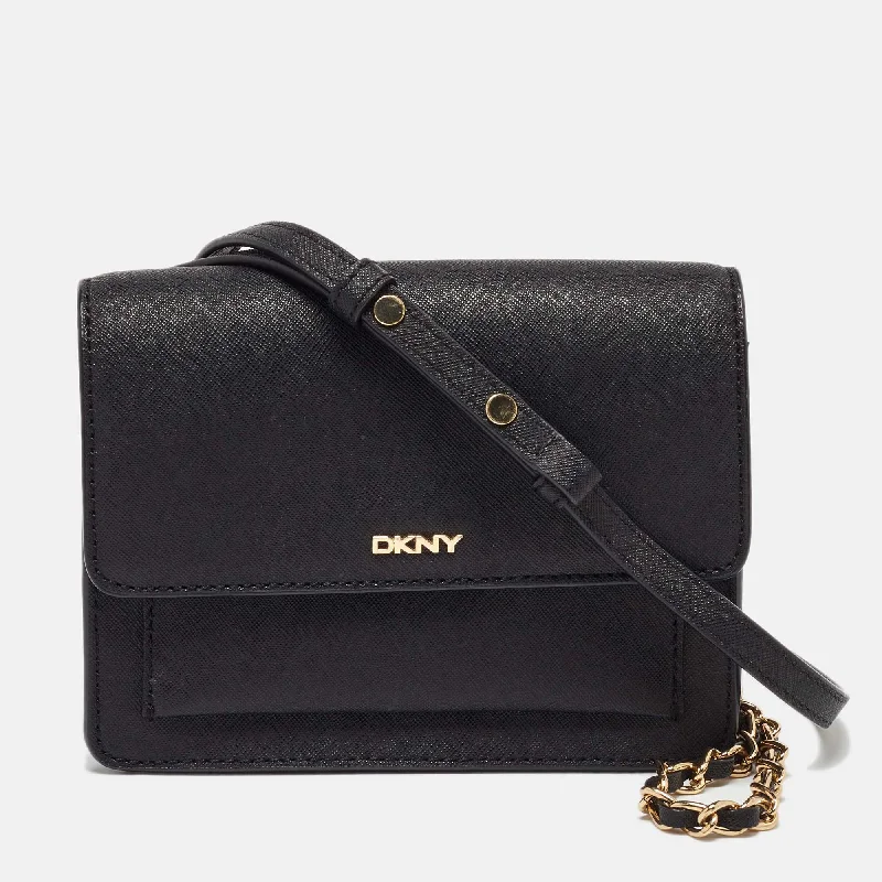 Shoulder bags with durable hemp for sustainability -Dkny Black Saffiano Leather Flap Chain Shoulder Bag