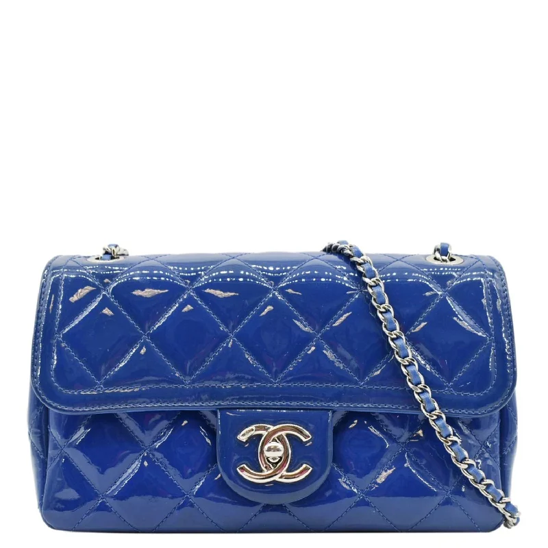 CHANEL Coco Shine Flap Small Quilted Patent Leather Shoulder Bag Blue